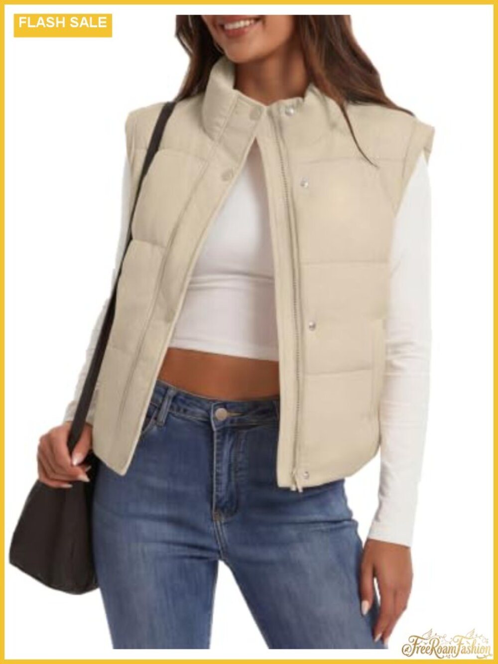 Womens Lightweight Cropped Puffer Vest Sleeveless Zip Snap Co